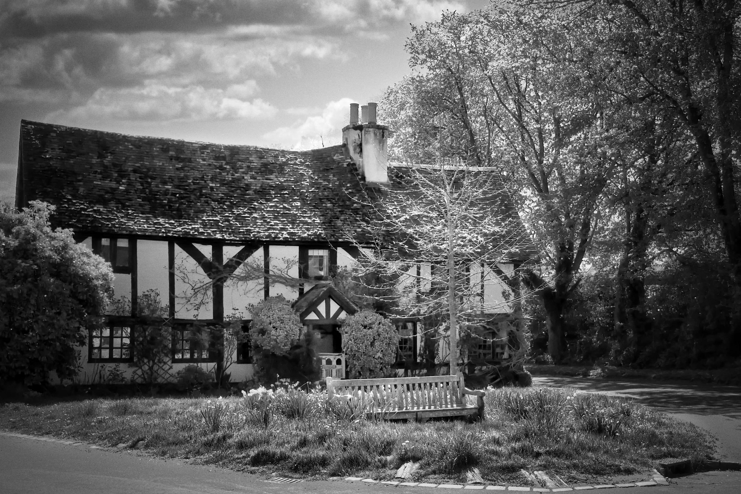 Traditional half-timbered period property in Buckinghamshire photographed in black and white
